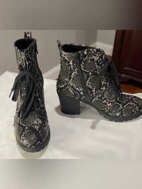 Time and Tru Black Snake-Print Lace-Up Ankle Boots